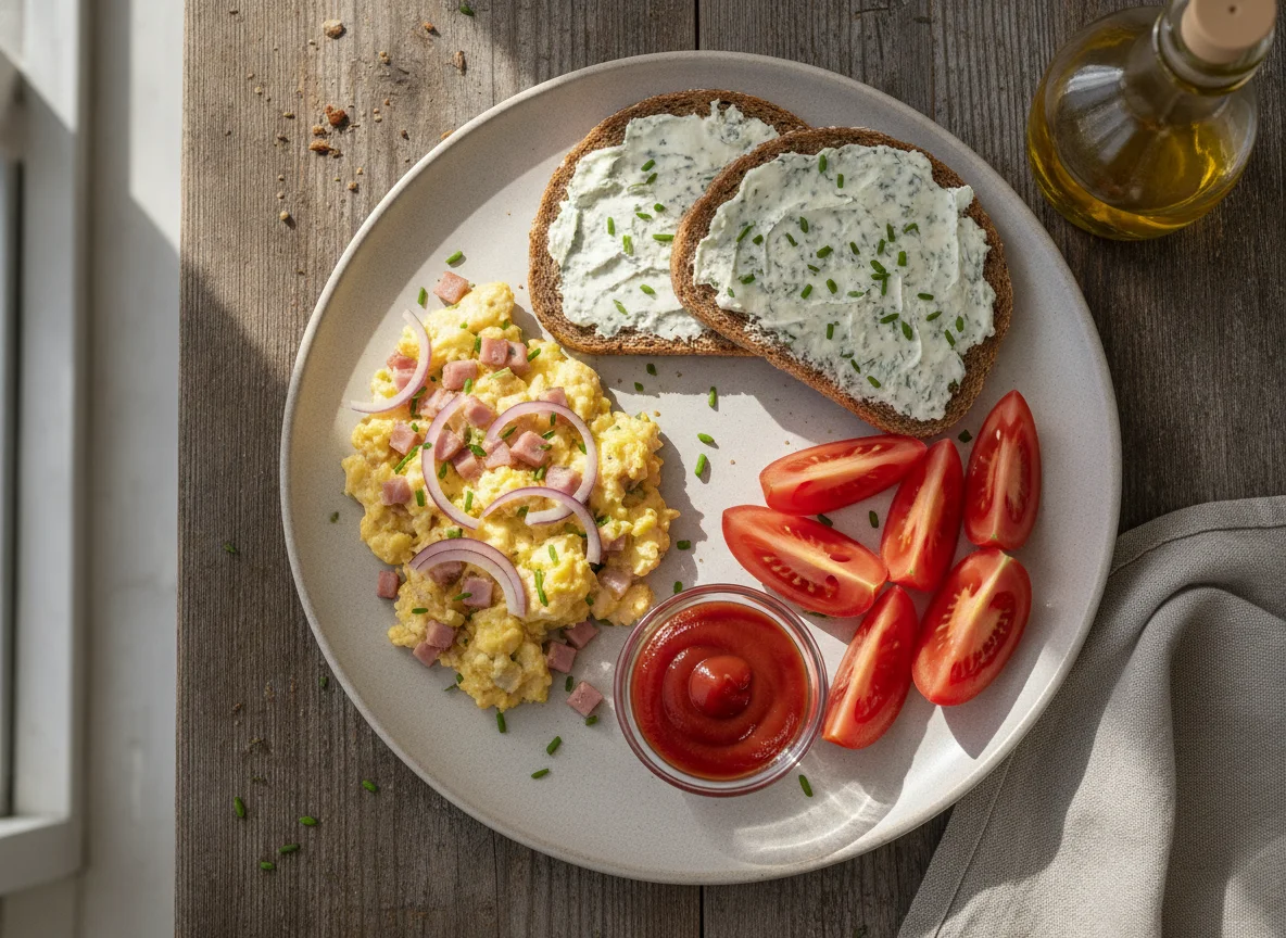Rührei mit Schinken, Vollkornbrot und Tomaten photo
