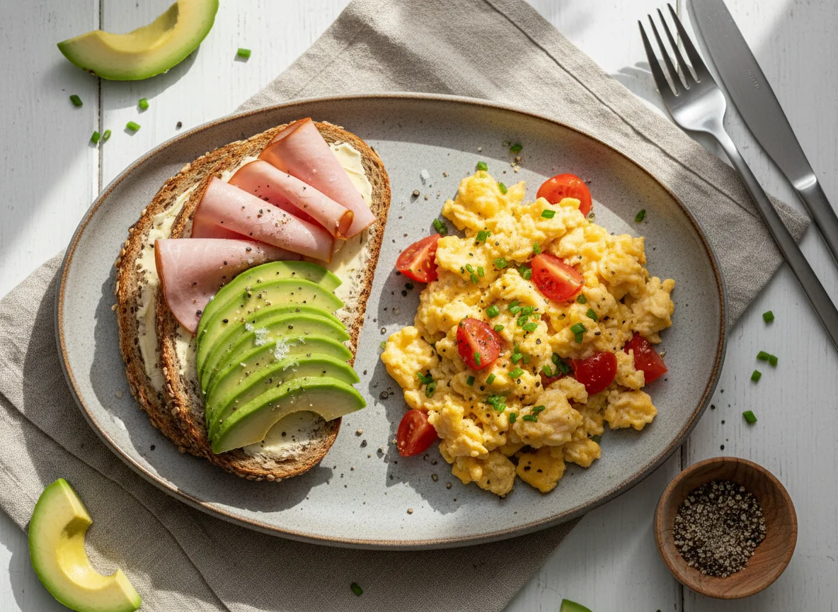 Rührei mit Schinkenbrot und Avocado photo