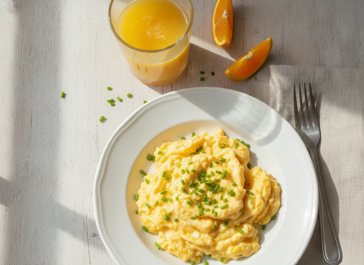 Rührei mit Schnittlauch und Orangensaft photo