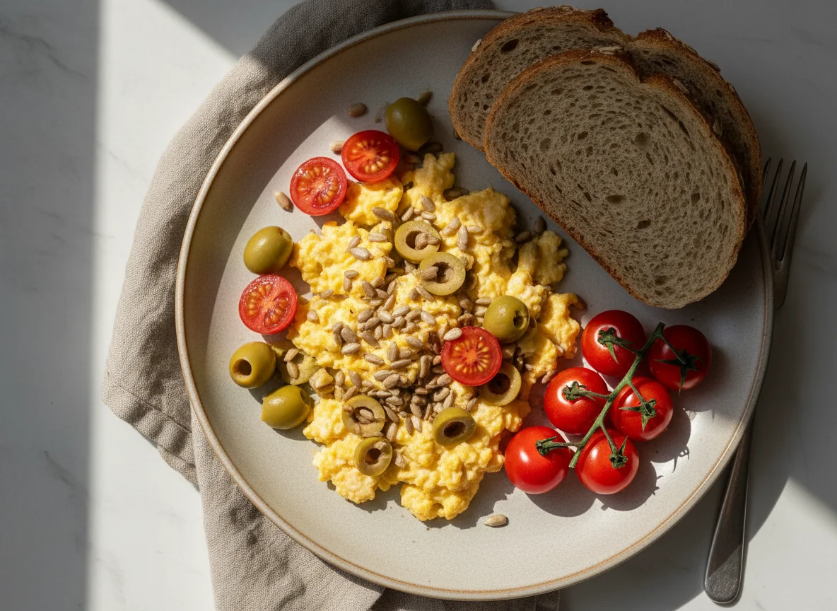 Rührei mit Sonnenblumenkernen, Oliven und Kirschtomaten photo