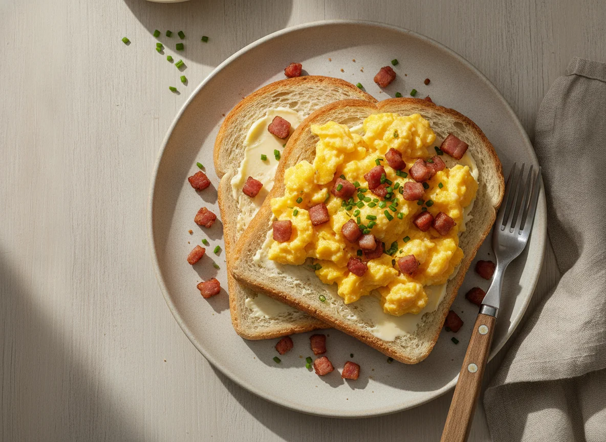 Rührei mit Speck auf Brot photo