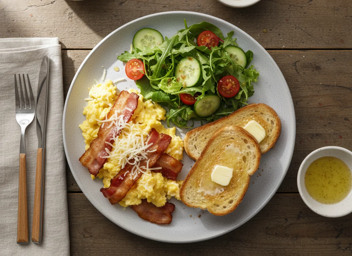 Rührei mit Speck, Toast und Salat photo