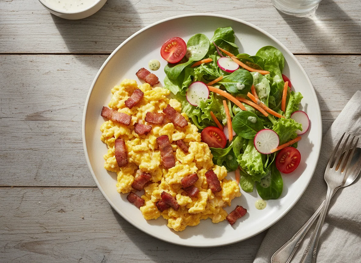 Rührei mit Speck und Beilagensalat photo