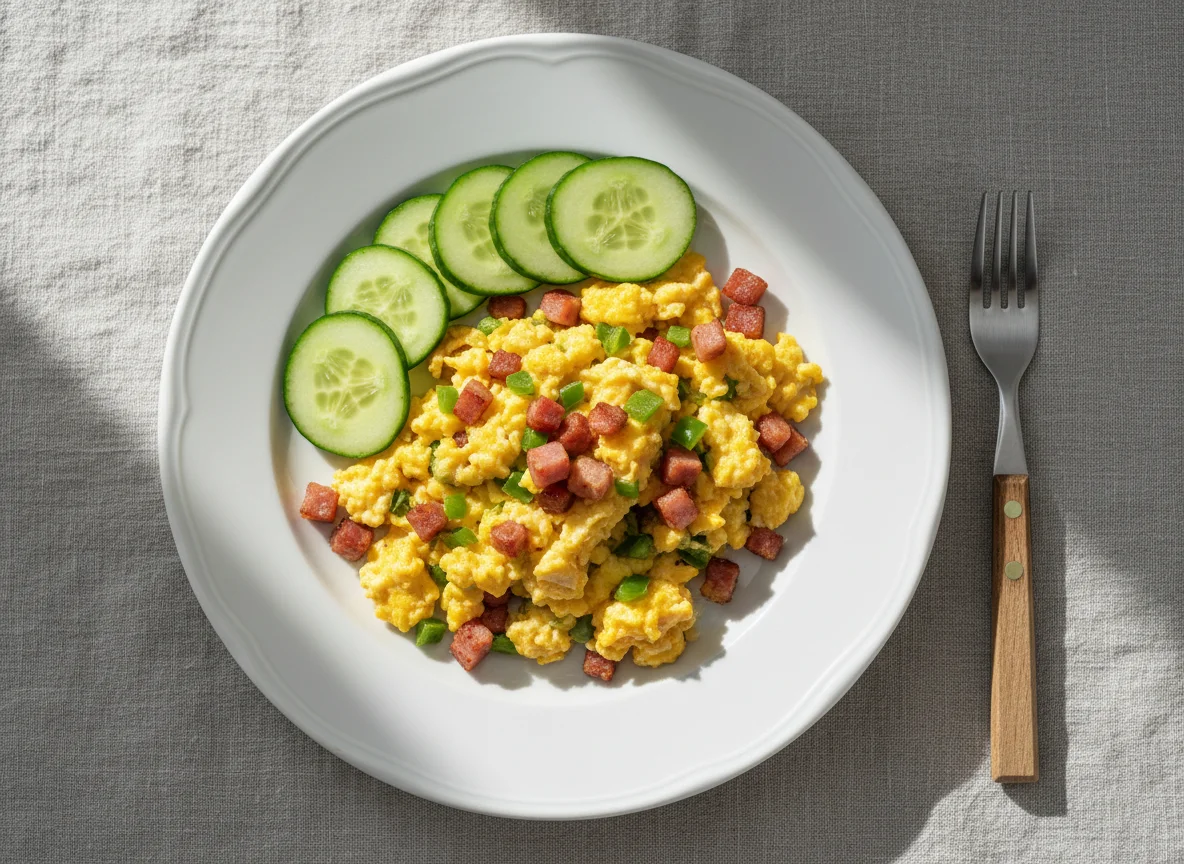 Rührei mit Speck und Gurkenscheiben photo