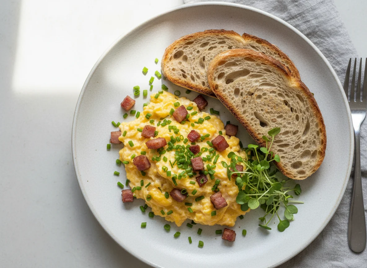 Rührei mit Speck und Toast photo