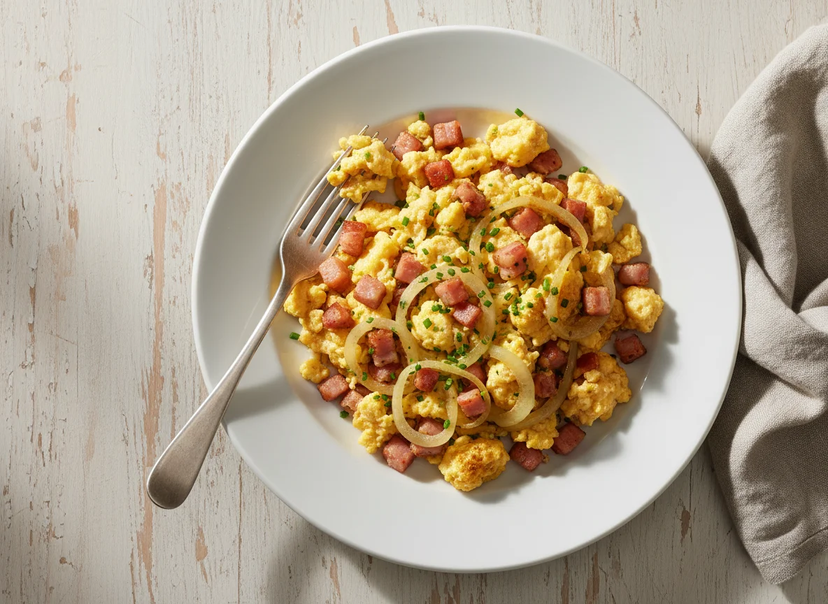 Rührei mit Speck und Zwiebeln photo