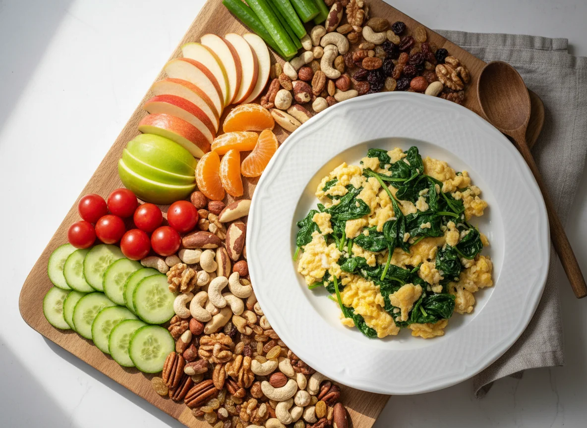 Rührei mit Spinat und bunte Obst- und Gemüseplatte photo