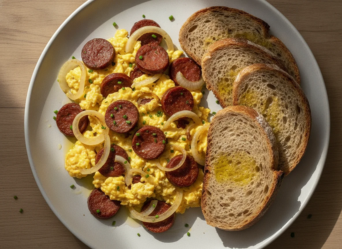 Rührei mit Sucuk und Brot photo