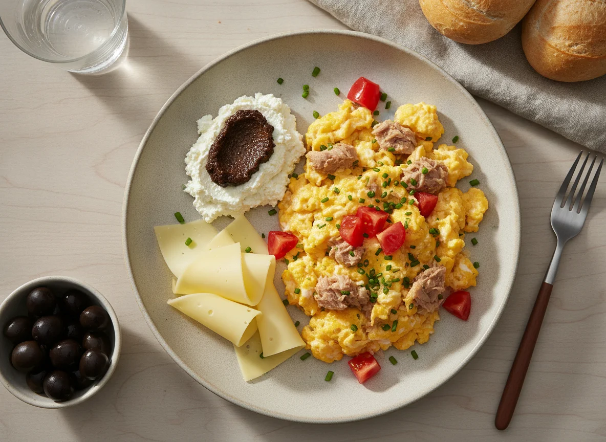 Rührei mit Thunfisch und Beilagen photo