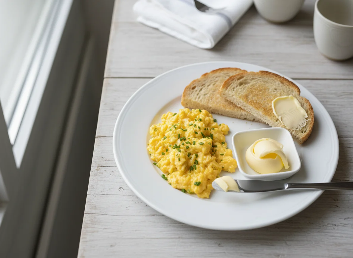 Rührei mit Toast und Butter photo
