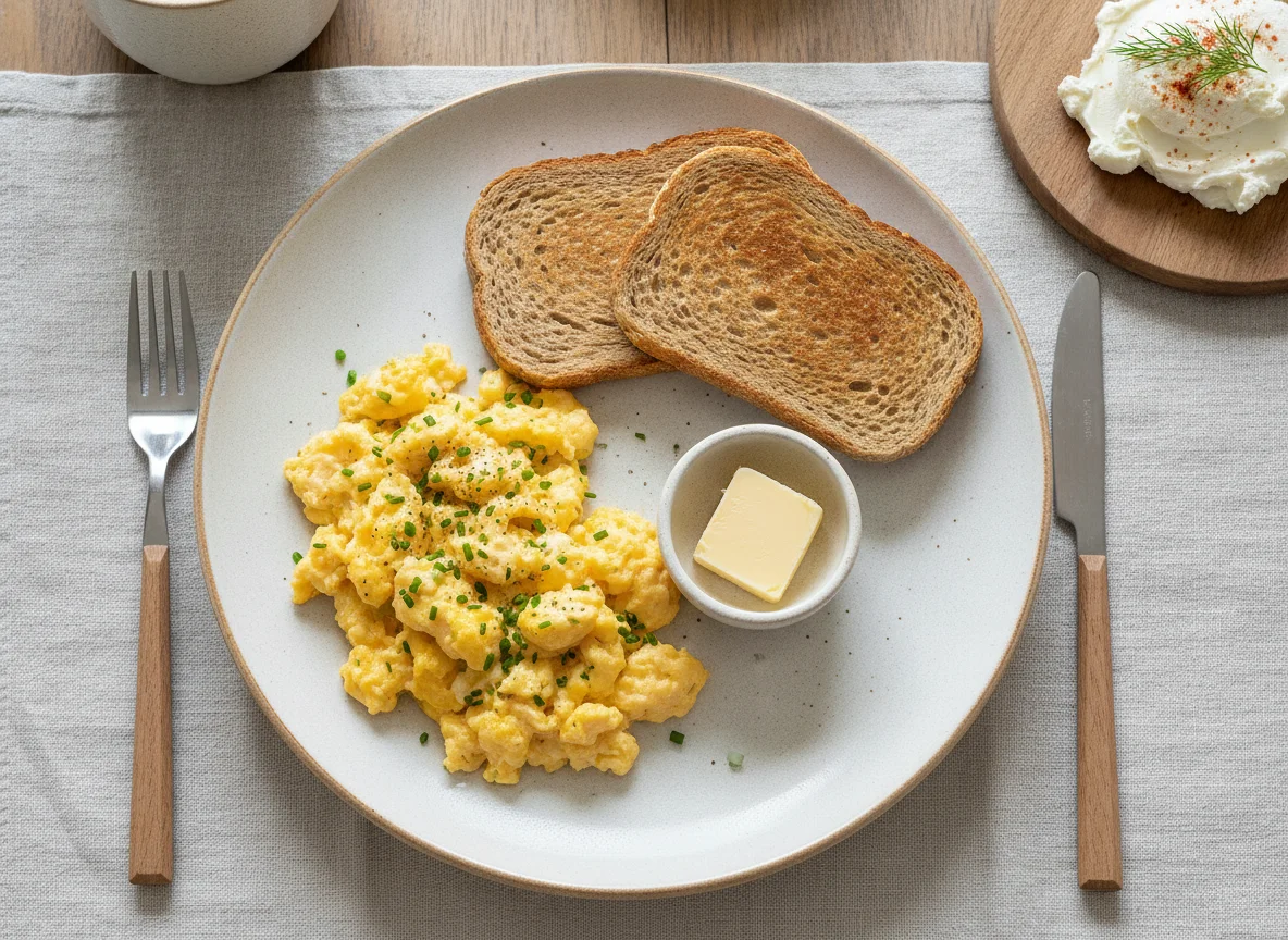 Rührei mit Toast und Frischkäse photo