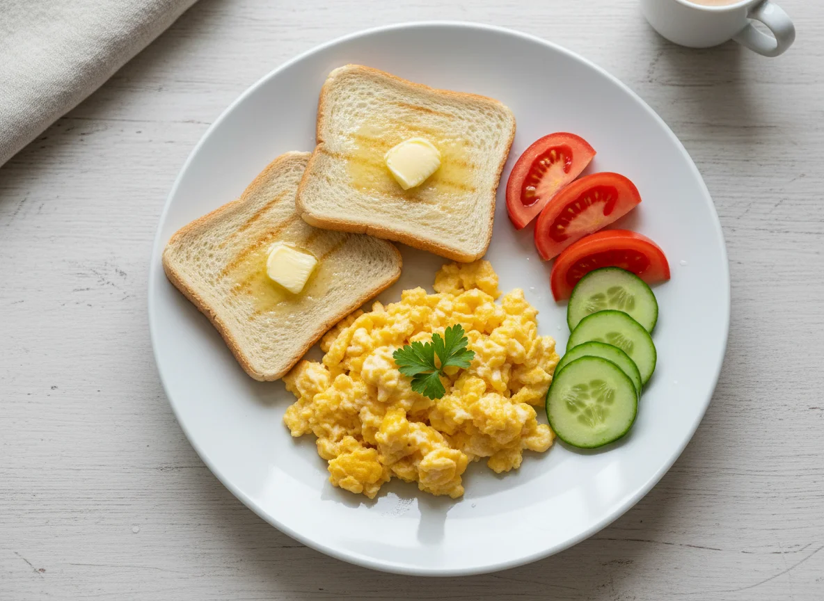 Rührei mit Toast und Gemüse photo
