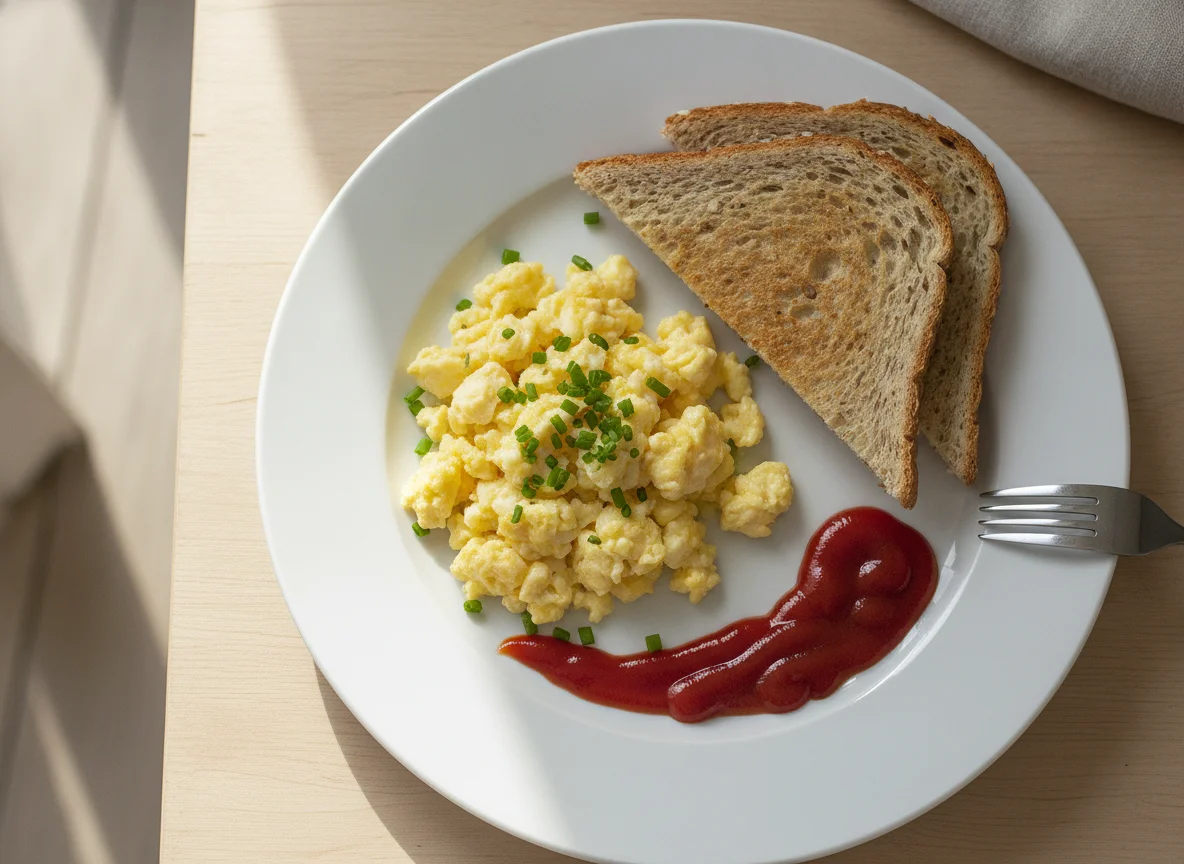 Rührei mit Toast und Ketchup photo