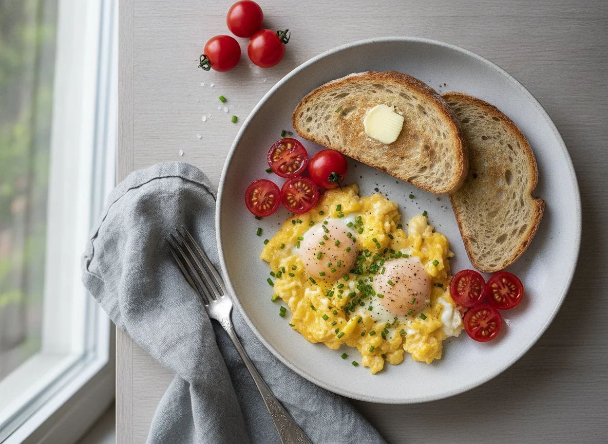 Rührei mit Toast und Kirschtomaten photo