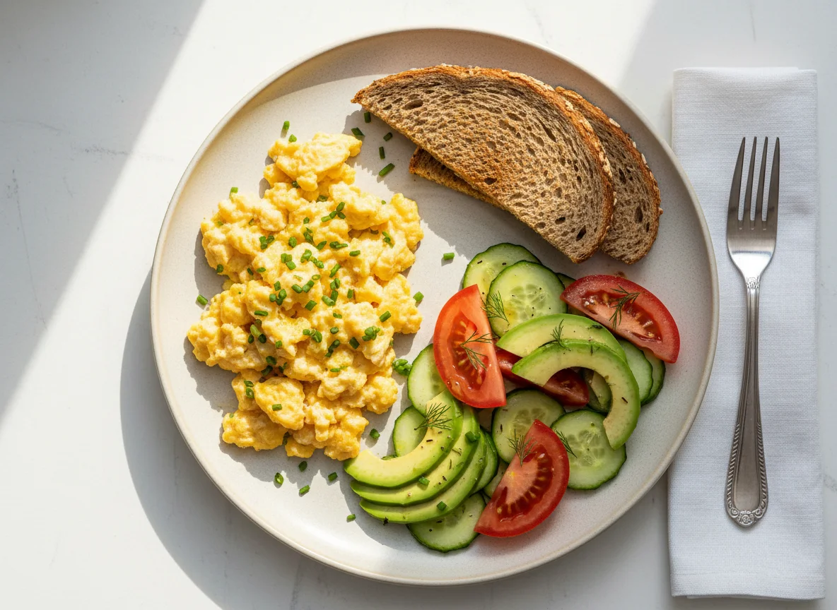 Rührei mit Toast und Salat photo