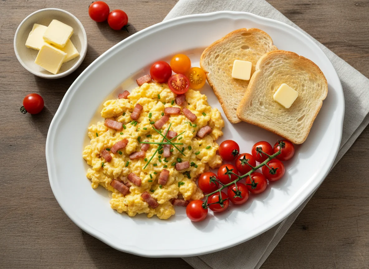 Rührei mit Toast und Tomaten photo