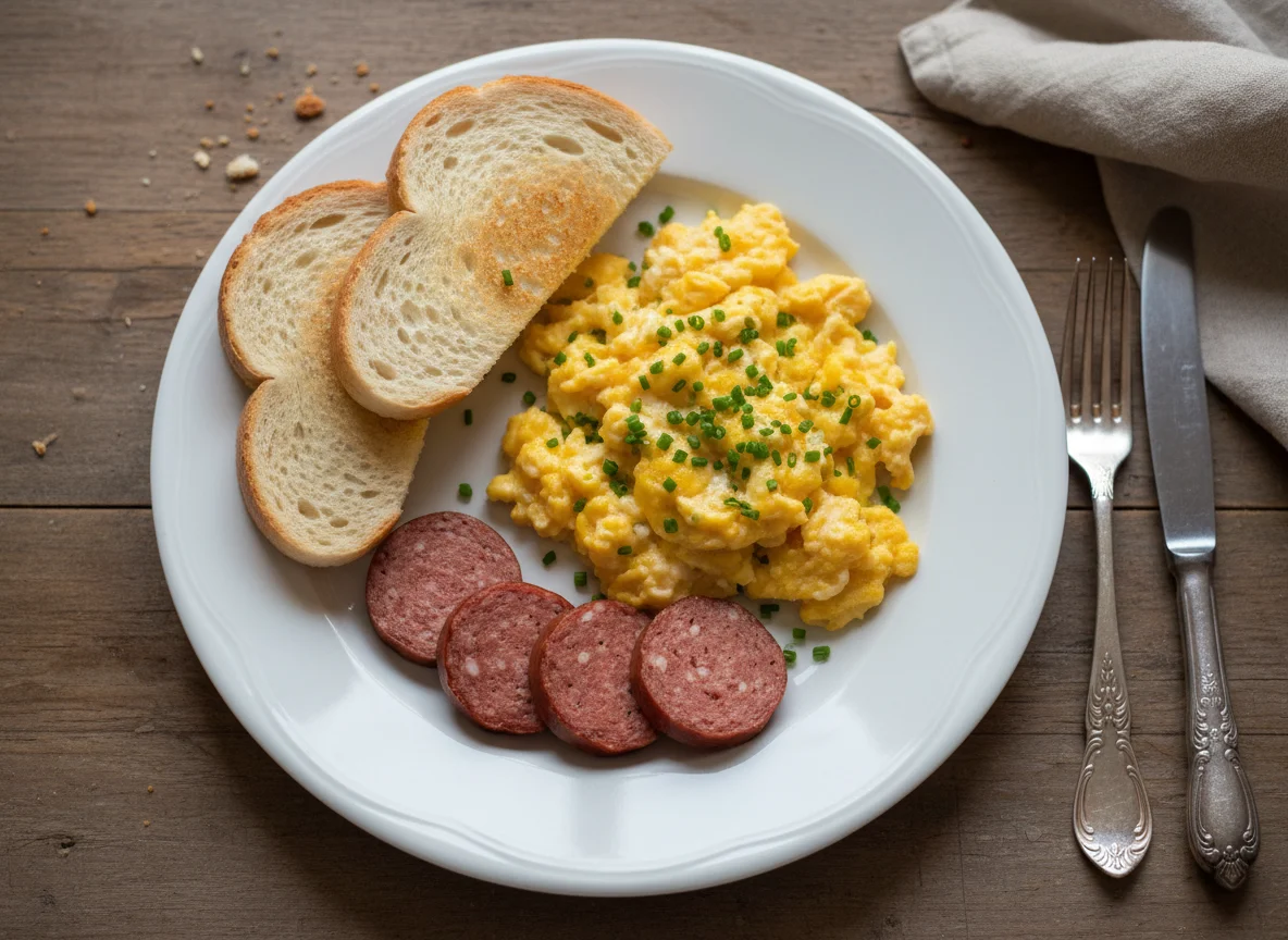 Rührei mit Toast und Wurst photo