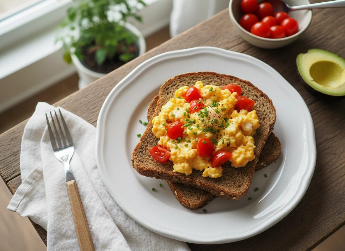 Rührei mit Tomaten auf Vollkornbrot photo