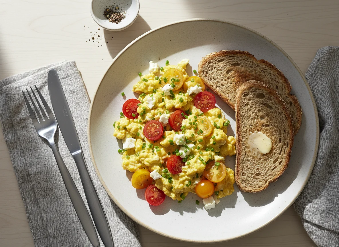 Rührei mit Tomaten, Feta und Toast photo