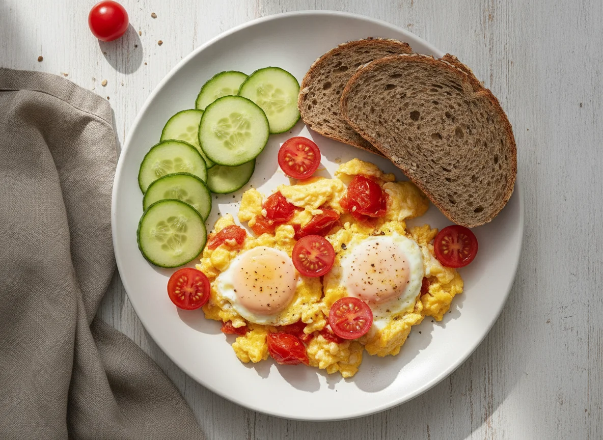 Rührei mit Tomaten, Gurken und Vollkornbrot photo