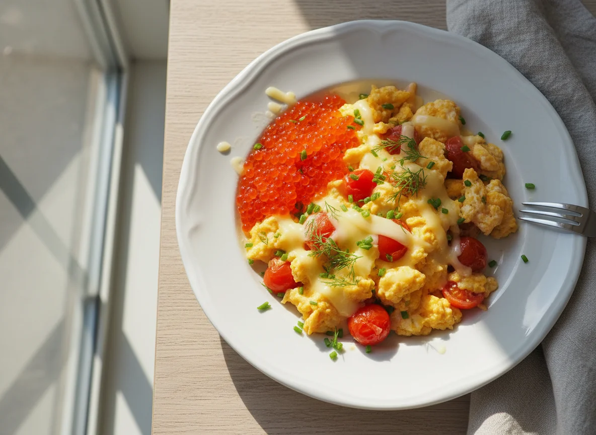 Rührei mit Tomaten, Käse und Lachsrogen photo