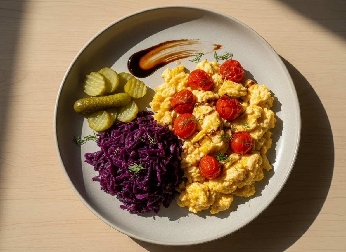 Rührei mit Tomaten, Rotkohl und Gewürzgurken photo