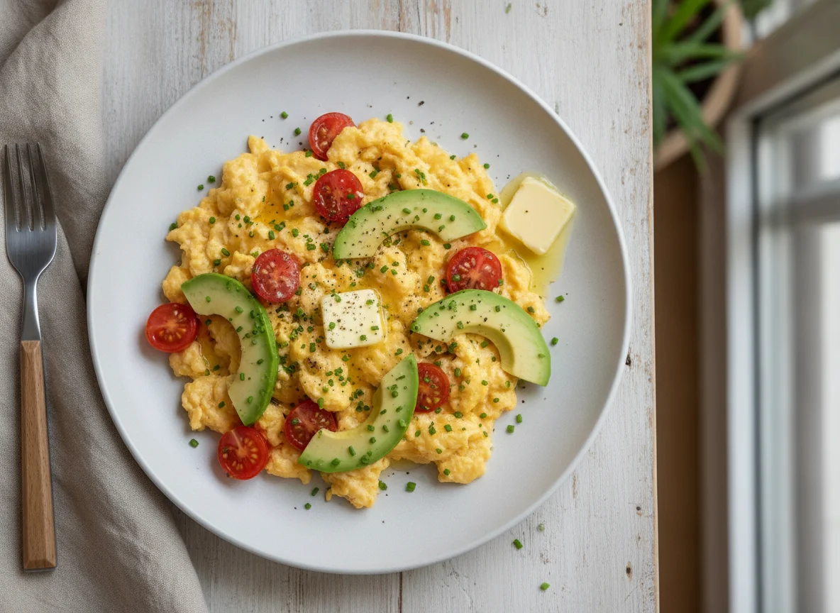 Rührei mit Tomaten und Avocado photo