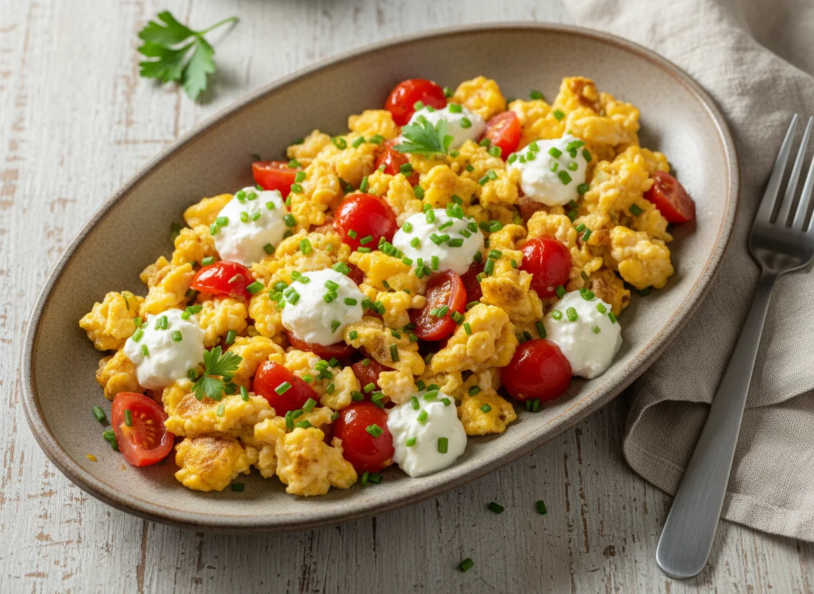 Rührei mit Tomaten und Frischkäse photo