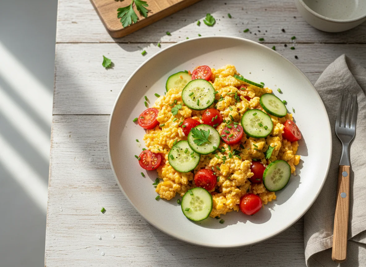 Rührei mit Tomaten und Gurken photo