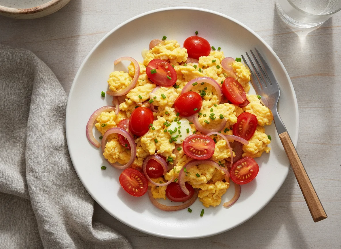 Rührei mit Tomaten und roten Zwiebeln photo