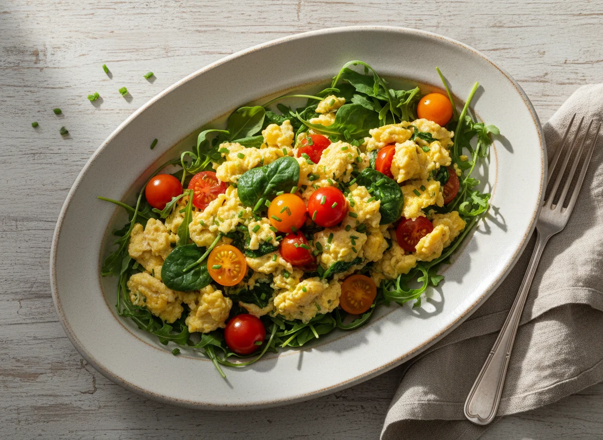 Rührei mit Tomaten und Rucola photo