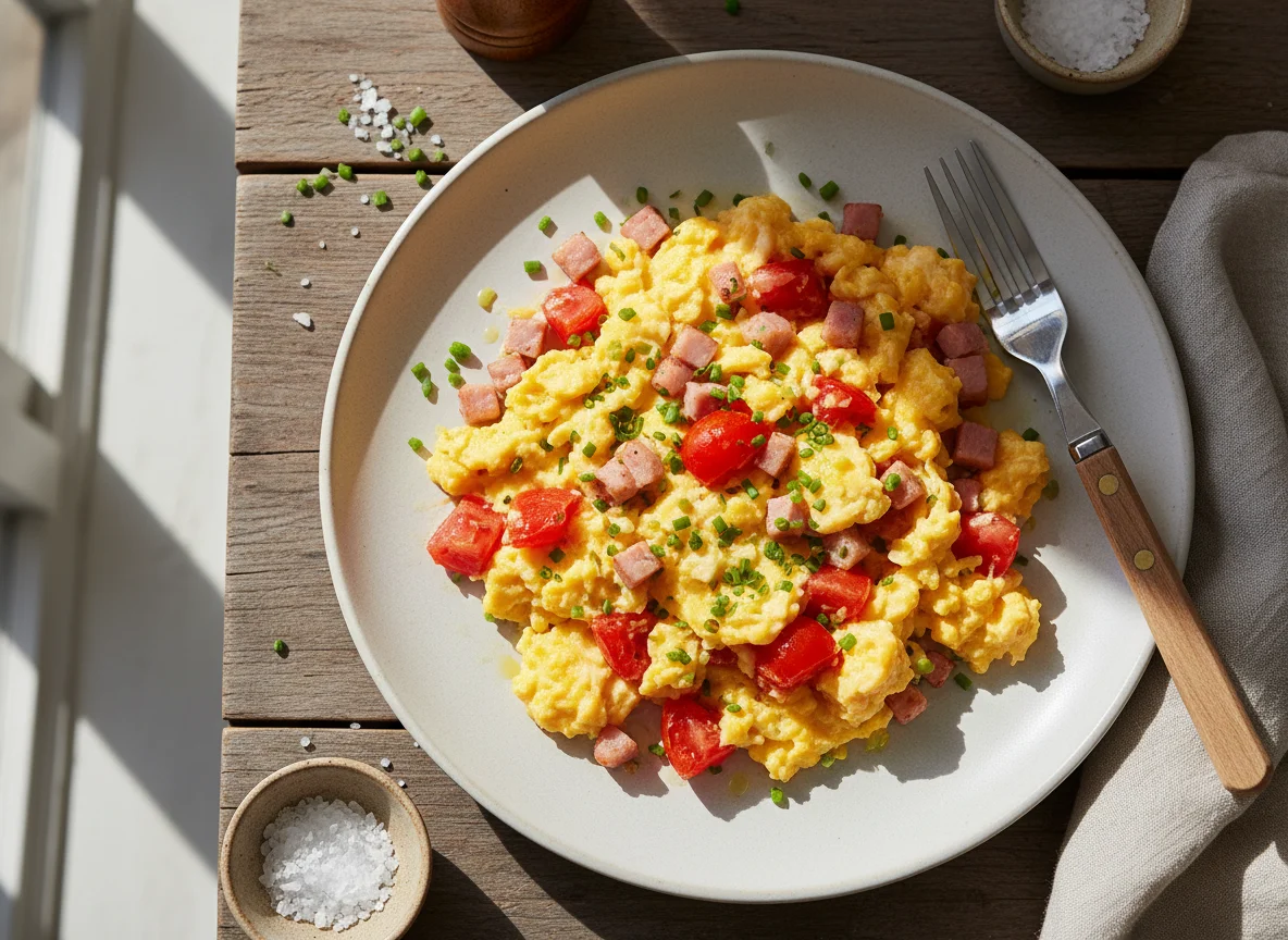 Rührei mit Tomaten und Schinken photo