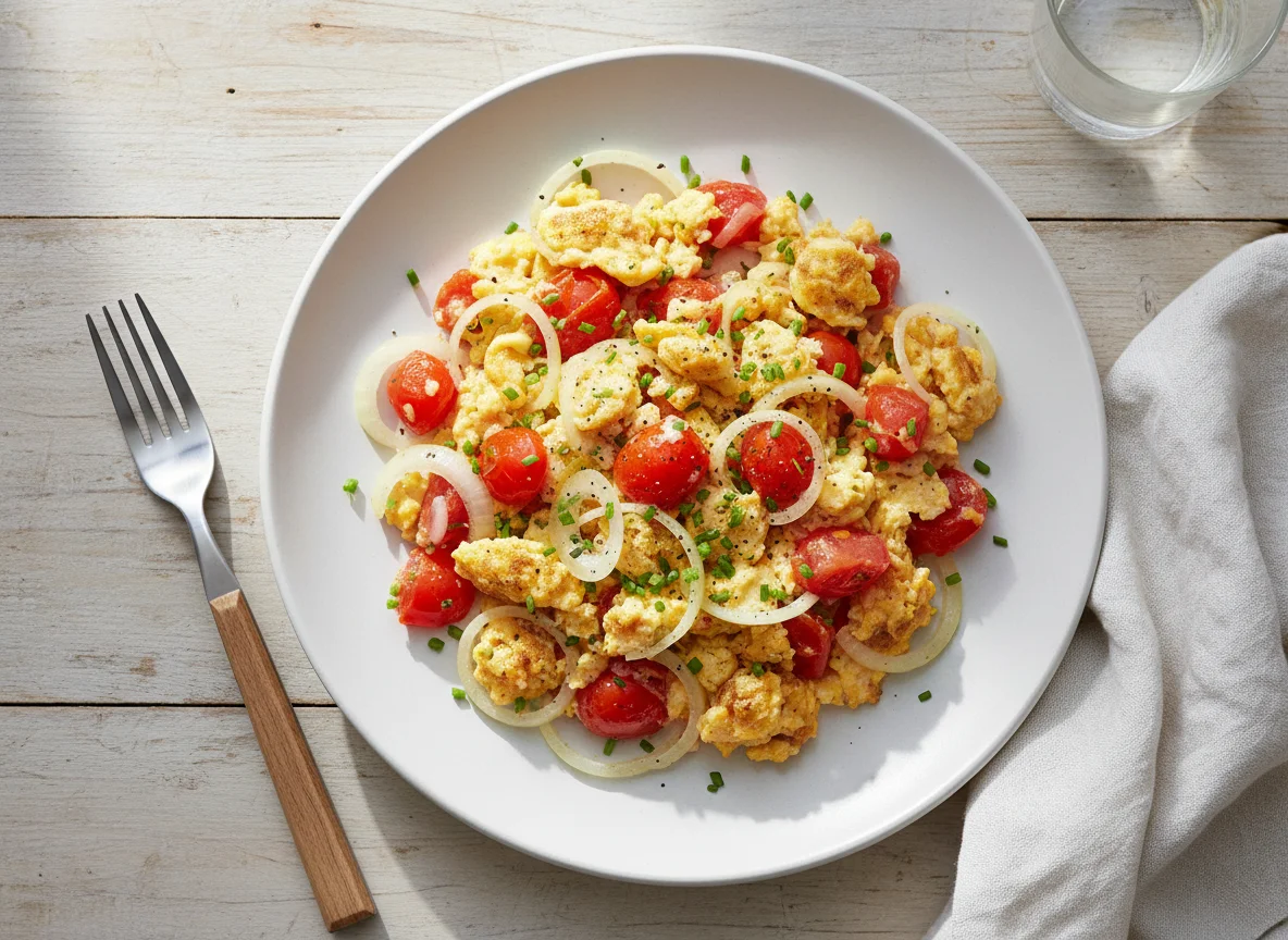 Rührei mit Tomaten und Zwiebeln photo