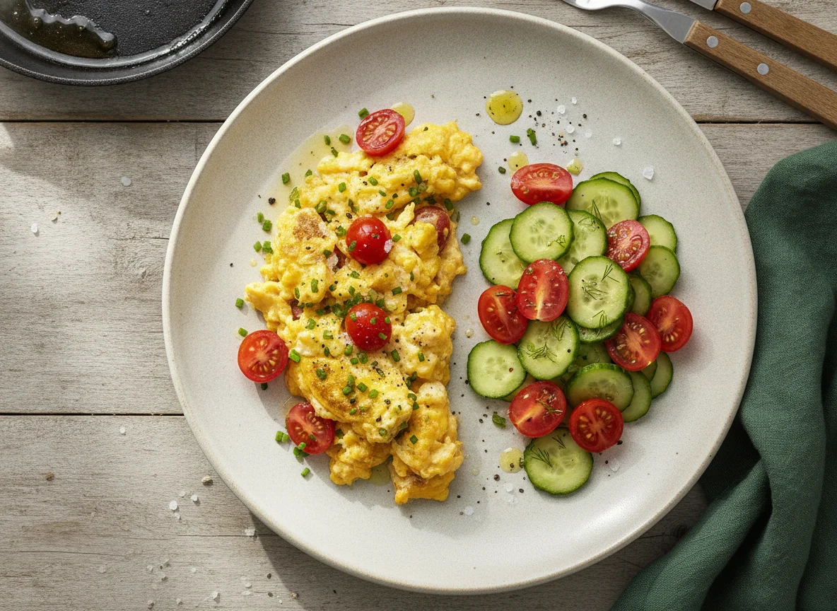 Rührei mit Tomaten-Gurken-Salat photo