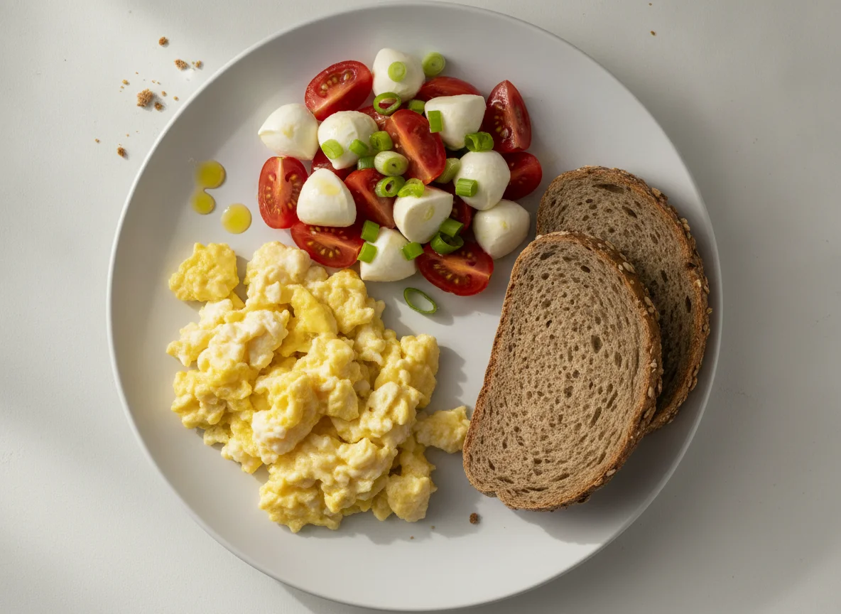 Rührei mit Tomaten-Mozzarella-Salat und Brot photo