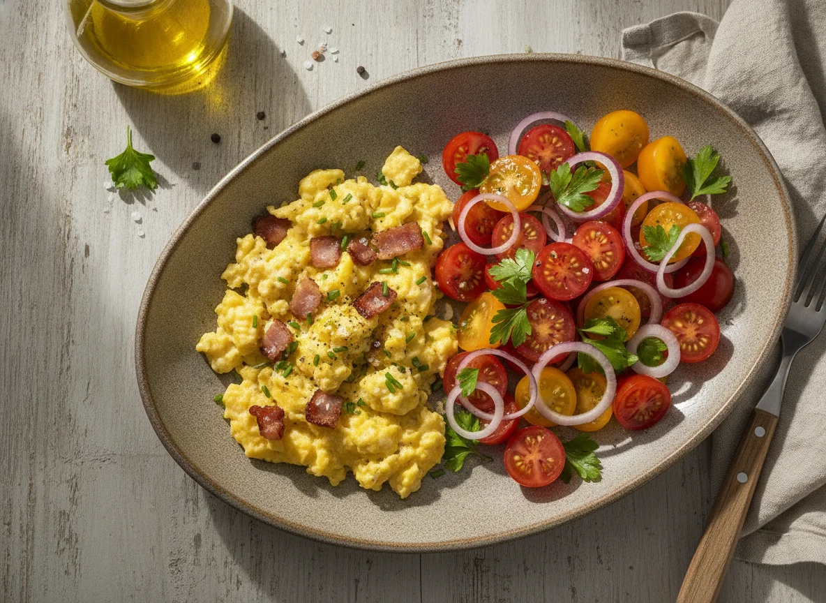 Rührei mit Tomatensalat photo