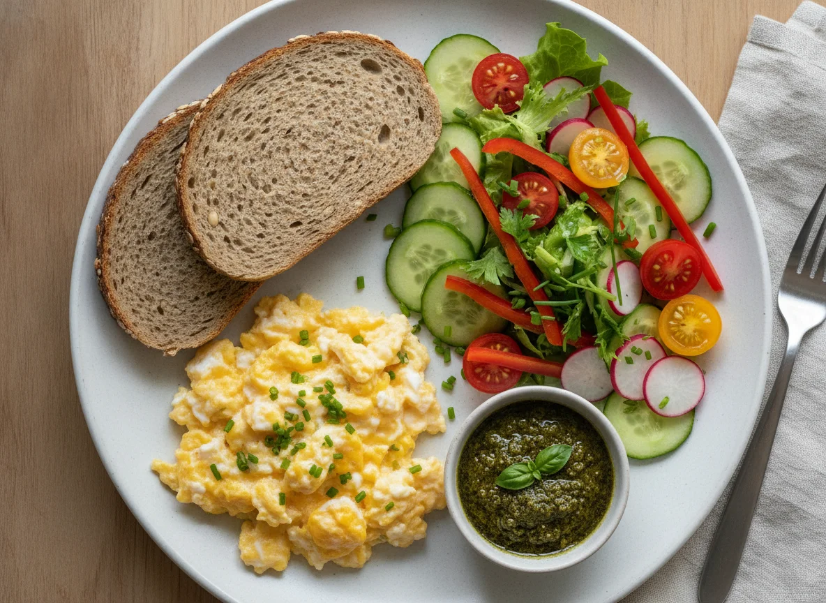 Rührei mit Vollkornbrot und Beilagensalat photo