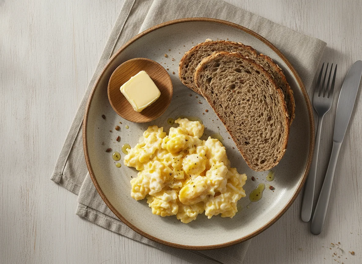 Rührei mit Vollkornbrot und Butter photo
