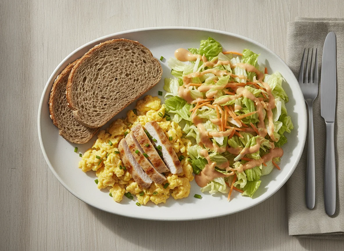 Rührei mit Vollkornbrot und gemischtem Salat photo