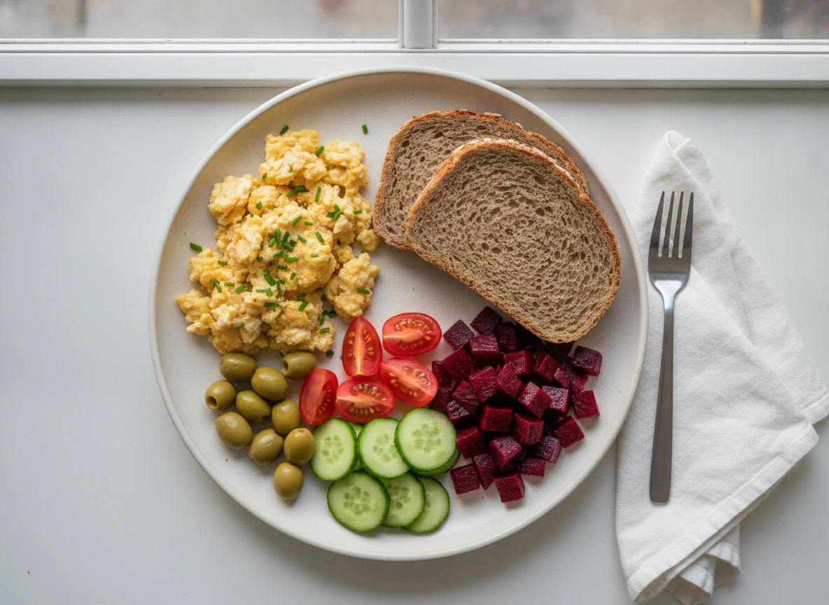 Rührei mit Vollkornbrot und Gemüse photo