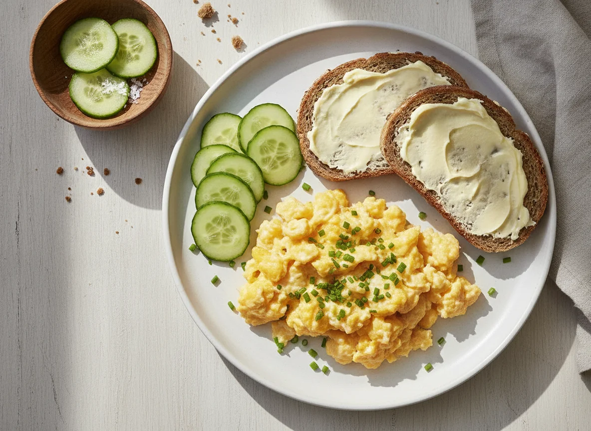 Rührei mit Vollkornbrot und Gurke photo