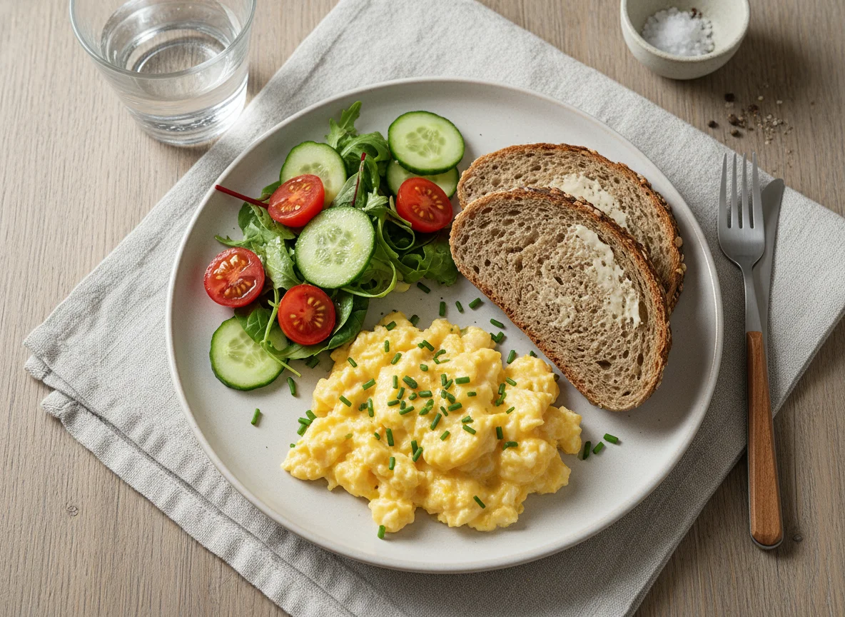 Rührei mit Vollkornbrot und Salat photo
