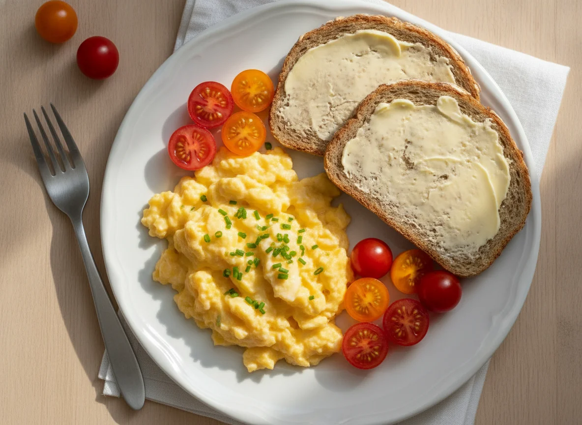 Rührei mit Vollkornbrot und Tomaten photo