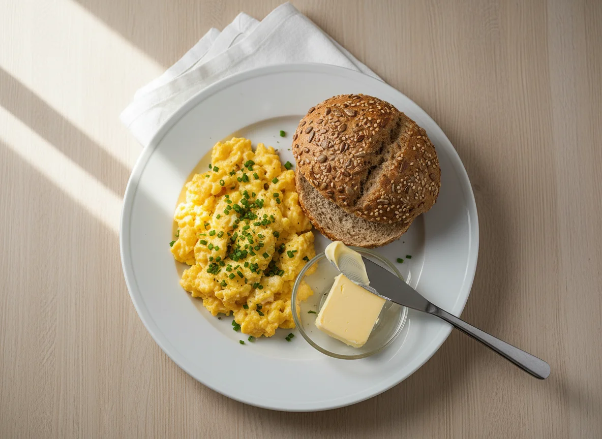 Rührei mit Vollkornbrötchen und Butter photo