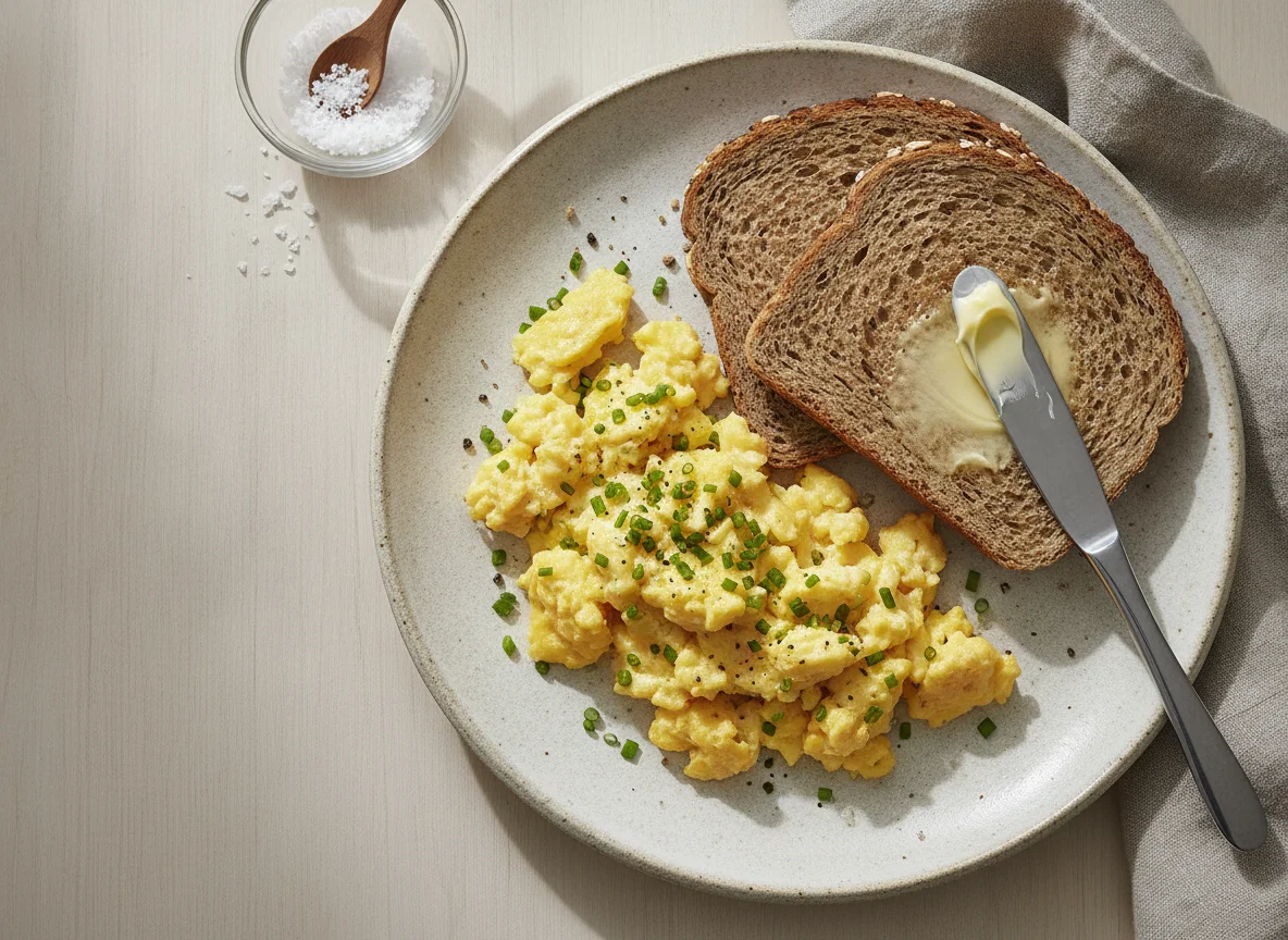 Rührei mit Vollkorntoast und Butter photo