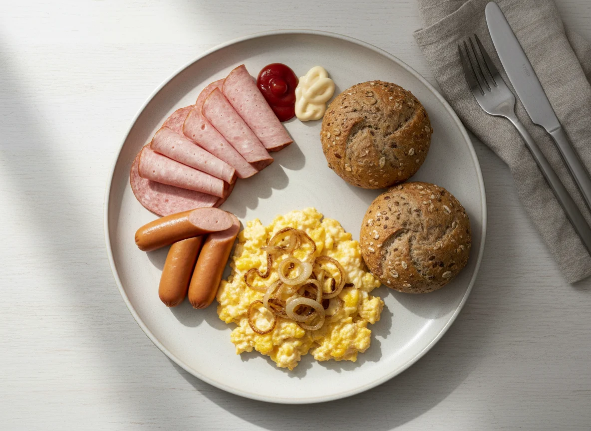 Rührei mit Wurst, Aufschnitt und Brötchen photo