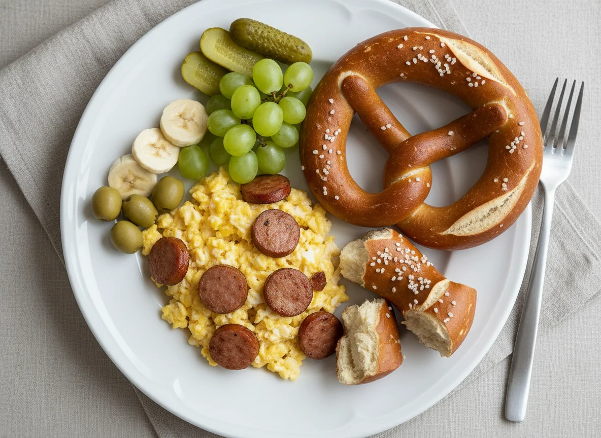 Rührei mit Wurst, Brezel und Obst photo