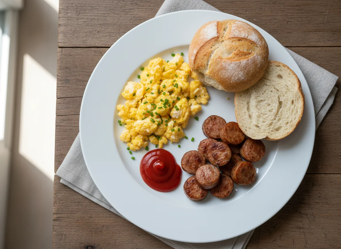 Rührei mit Wurst und Brötchen photo