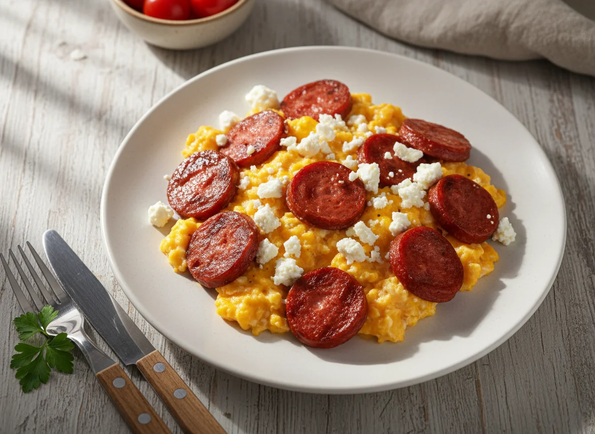 Rührei mit Wurst und Feta photo