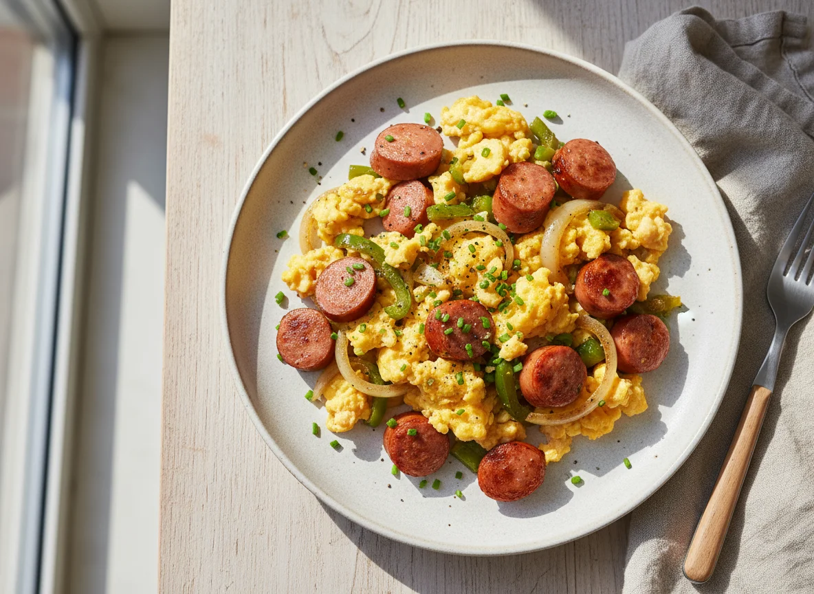 Rührei mit Wurst und Gemüse photo